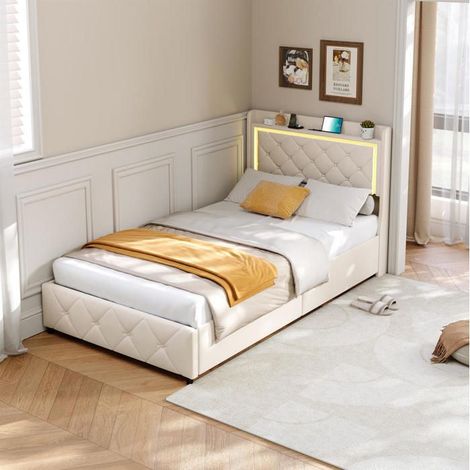 Bett einfach 90x200 cm - TANANT - Bett mit Stauraum - Integrierte LED - 2 Schubladen - Beige Samtstoff