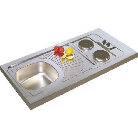 Moderna – Évier cuisinette inox 18/10 1 cuve 2 plaques électriques 3000W – Longueur 1000mm – Largeur 600mm – Hauteur 170mm
