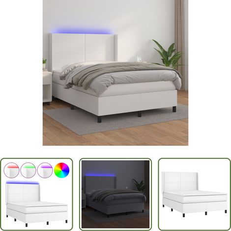 vidaXL LED-Bett - Boxspringbett mit Matratze & LED Weiß 140x200 cm Kunstleder (1/5)