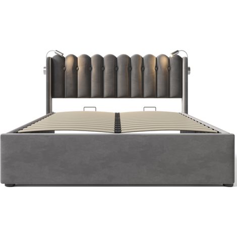 Polsterbett aus grauem Samt 160x200 mit Leselicht und USB, mit Lattenrost (1/5)