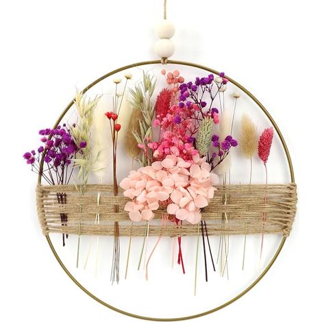 Dried Flower Wreath, 25 x 25 cm Wall Wreath of Immortal Flowers, Wall Decoration Hanging Wreath in Gold Metal and Dried Flowers for Indoor and Outdoor Use (1/5)