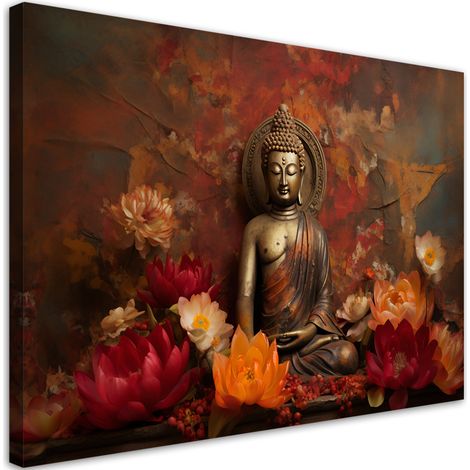Canvas art print, Meditating Buddha and colourful flowers - 100x70 (1/4)