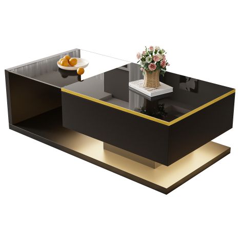 Table basse LED 100 cm noir brillant, verre, table de salon moderne (1/5)