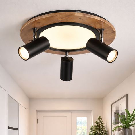 Deckenleuchte 3 Stufen Deckenlampe Strahler schwenkbar Spotleuchte Holz, 3x GU10, 1x LED 15W 1300Lm warmweiß, DxH 40x18 cm
