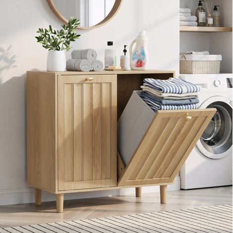 Armario inclinable para ropa sucia con cesto interior extraíble, MDF, roble, 69,5 x 39 x 70,5 cm (1/5)