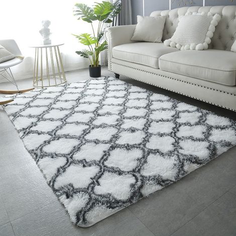 Tapis Peluche Moderne 120x160cm Motif Géométrique Noir Blanc Salon Chambre Antidérapant Hypoallergénique Lavable (1/4)