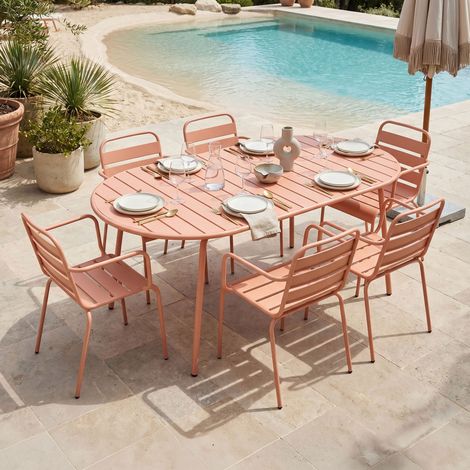 Ensemble table de jardin ovale + 6 fauteuils métal terracotta - BACA (1/5)