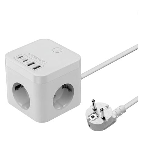 Mars Gaming MD-CUBE35, Powercube Multifunción Compacto, 3X Enchufes SCHUKO + 2X USB-C + 2X USB-A, Carga Rápida PD 35W, Tecnología GAN, Cable 1.8m, Botón ON/Off e Indicador LED, 9 Protecciones, Blanco