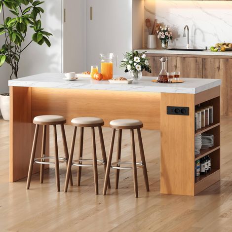 Îlot de cuisine 155x80x90 cm avec LED, prises USB, 3 étagères ouvertes et plateau MDF (1/5)