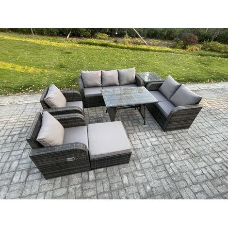 Fimous 8-Sitzer Hoher Rücken Polyrattan Sofa Set Gartenmöbel Esstisch Set mit Liegestühle 3-Sitzer Sofa Love Sofa 2 Großer Hockern Beistelltisch (1/5)