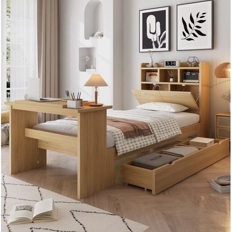 Einzelbett 90x200 cm Naturholz mit Stauraum und Schreibtisch, ohne Matratze – MEUBLIV (1/5)