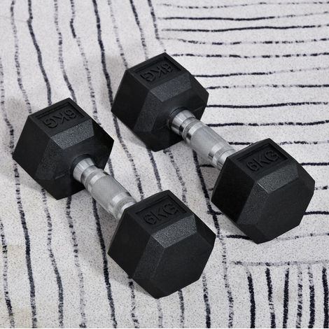 Set de 2 mancuernas hexagonales de 6 kg, hierro fundido con recubrimiento de goma, negro, OKWISH (1/5)