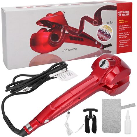 Fer à lisser et boucler automatique avec affichage LED et fonction vapeur, prise UE 110‑240V, couleur rouge rose (1/5)