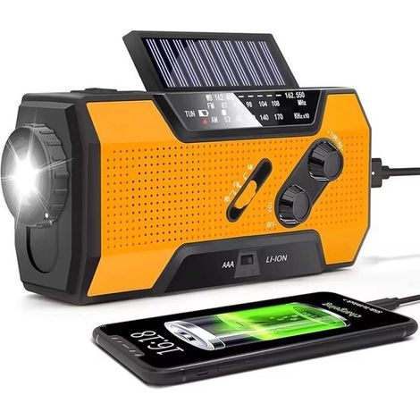 Radio de emergencia，Radio de emergencia solar y a pilas de cuerda，Radio de emergencia portátil multifuncional con energía solar，3000 mAh (1/5)