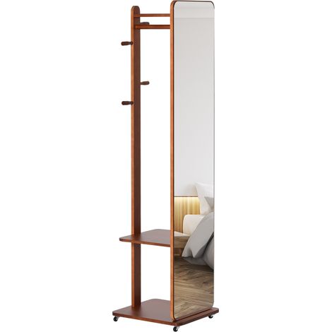 Miroir sur pied avec roulettes, portant à vêtements avec 4 patères et étagère en MDF aspect noyer. (1/5)