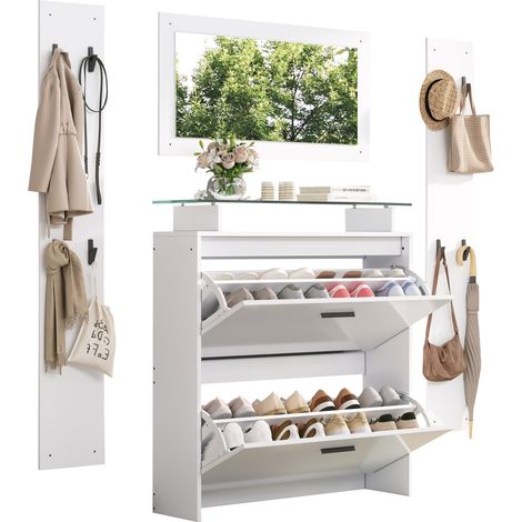 Vestiaire d'entrée 4 pièces avec miroir, 8 crochets, rangement à chaussures à façade brillante, panneau de particules blanc, pour entrée, CHICFURN (1/5)