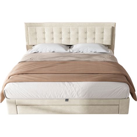 Lit double rembourré en velours beige avec coffre et tiroirs, sommier à lattes inclus, rangement spacieux, 160x200 cm, literie complète pour chambre moderne. (1/5)