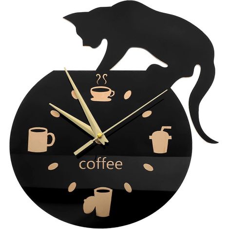 Horloge murale silencieuse à motif chat grimpant pour boire du café - Décoration murale - Horloge tasse à café-Black (1/2)