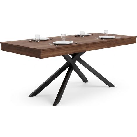 FurnitureR Table à manger extensible 140 à 180 cm, 6 à 8 personnes, plateau MDF effet noyer foncé, rallonge cachée, pieds croisés noirs (1/4)