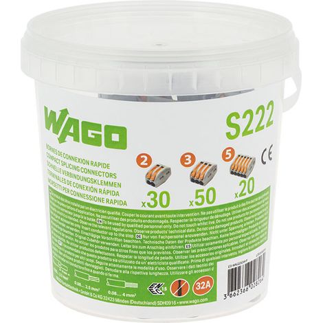Wago – Seau de 100 bornes de connexion automatique S222 2,3 et 5 entrées – Raccordement sans outil jusqu'à 32A – Pour fils souples et rigides (1/5)