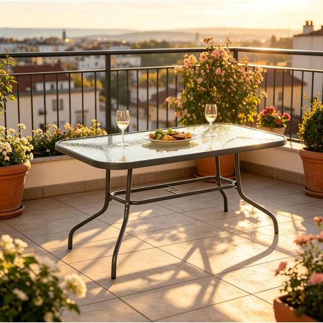 Tavolo da giardino rettangolare 120x80x70 cm, per 8 persone, foro per ombrellone, metallo e vetro temperato grigio (1/5)