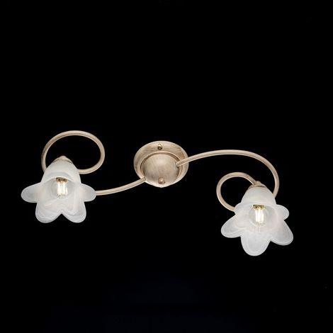 Blumen-Deckenlampe aus Eisen Elfenbein Gold zwei Lichter Lampenschirme 56x26x h17 cm