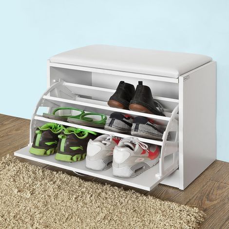 SoBuy FSR16-W Schuhbank mit Sitzkissen Sitzbank Schuhregal Garderobenbank Sitzkommode Schuhkipper mit 1 Klappe BHT ca.: 60x48x30cm (1/5)