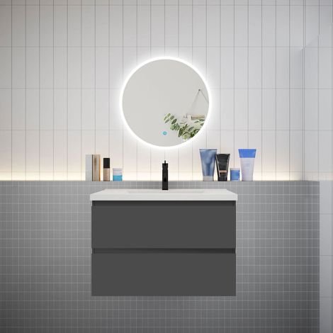 Ensemble meuble vasque L.79cm 2 tiroirs + lavabo + LED miroir rond 60cm,anthracite