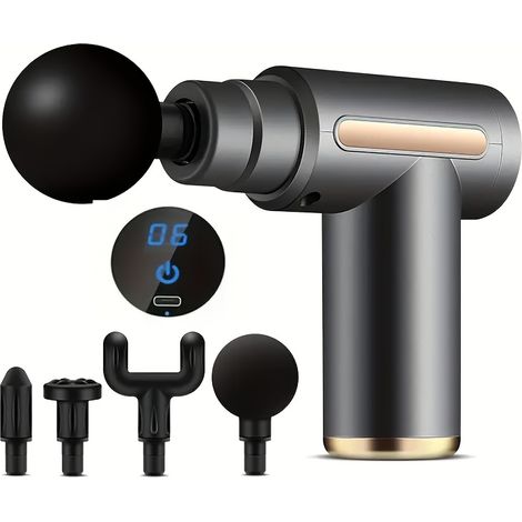 Pistolet de massage portatif avec commande tactile LED, 4 têtes interchangeables, gris-AquaForge