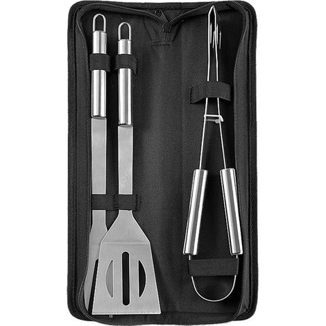 Set di utensili per barbecue da 3 pezzi: pinze, spatola e forchetta in metallo in un'elegante custodia. Set di utensili per barbecue in acciaio inossidabile. Perfetto (1/5)