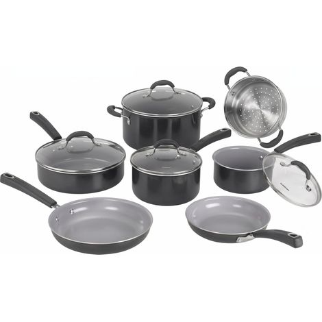 Batterie de cuisine antiadhésive 11 pièces Céramique antiadhésive titane Pour tous les feux y compris l'induction Sans PFAS Couvercle en verre trempé Chauffage (1/5)
