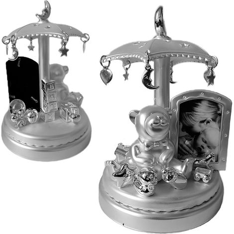 Giostra portafoto con carillon da tavolo cornice argento per neonato bimbi bambini 5x7cm moderno vintage bellissimo (1/5)