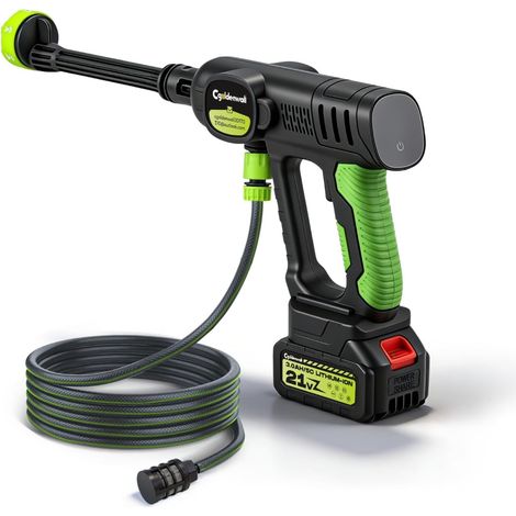 Nettoyeur Haute Pression sans Fil, 3 Vitesses, 2 Batteries 3Ah Moteur sans Balais, Buse 6 en 1, 23–28 Bar,Débit de 5 L/Min, 3 Modes d’Alimentation, Tuyau 5m, pour Voiture, Terrasse, Jardin (1/5)
