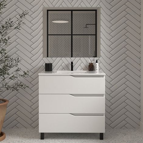 Meuble de salle de bain 60cm simple vasque - 3 tiroirs - blanc - MATA (1/5)