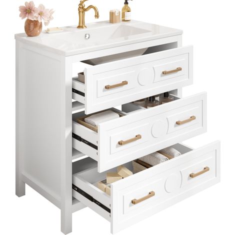 CHICFURN Mueble lavabo exento con lavabo de cerámica integrado, 3 cajones silenciosos, MDF lacado blanco, 76,5 x 47 x 82 cm, diseño elegante para baño moderno (1/5)