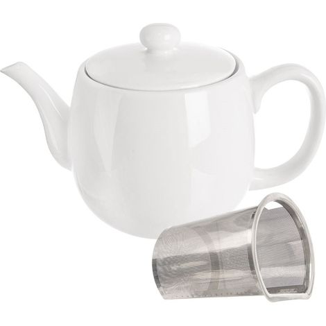 Teiera in porcellana bianca con cestello infusione removibile e coperchio (1/5)