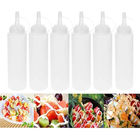 Lot de 6 bouteilles squeeze 230 ml blanches avec capuchons, pour ketchup, mayo, moutarde, huile ou barbecue