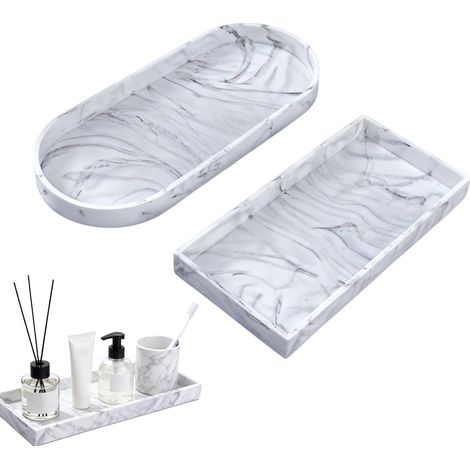 2 Plateau,Salle De Bain,Marbre Blanc,Silicone,Résistant Humidité,Organisation Cosmétique
