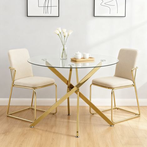 DESMIU Table de salle à manger ronde avec 1 base en croix, plateau en verre, pour salle à manger, 80 × 80 × 76 cm (1/5)