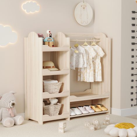 Portant pour vêtements d'enfants (avec tringle et 4 roulettes pivotantes), idéal pour le rangement dans une chambre d'enfant  portant autoportant en bois naturel  dimensions : 110 x 39 x 110 cm. (1/5)