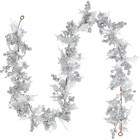 Argent Baies Guirlande de Noël, 6ft Guirlande de Baies Artificielles Flexibles avec Baies à Paillettes Argentées et Feuilles de Houx pour Noël Hiver Nouvel an Cheminée Porte Arbre Décoration