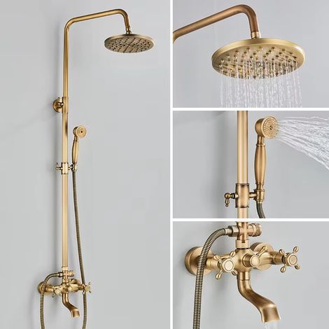 Colonne de douche en laiton antique, ensemble robinetterie de douche, douche à effet pluie avec douchette et bec de baignoire, hauteur réglable (1/5)