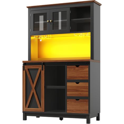 Armoire haute LED app, tiroirs, portes coulissantes, buffet noir