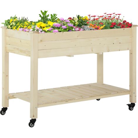 Hochbeet aus Holz mit Rollen und unterer Ablage, 118 x 55 x 83 cm, Naturholz