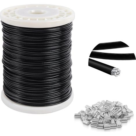 Câble inox 4 mm 100 m, acier inoxydable 7×7 gainé PVC, 100 manchons, résistance 550 kg, câble métallique tendeur pour garde-corps, balisage, clôture, fil tendeur haute résistance (1/5)