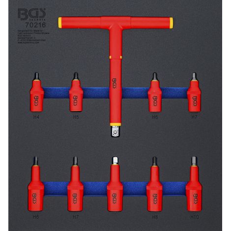 BGS Carro de herramientas inserción 2/3: Juego de puntas VDE Cuadrado interior de 10 mm (3/8") / 12,5 mm (1/2") Hexágono interior 4 - 10 mm 10 piezas. - 70216