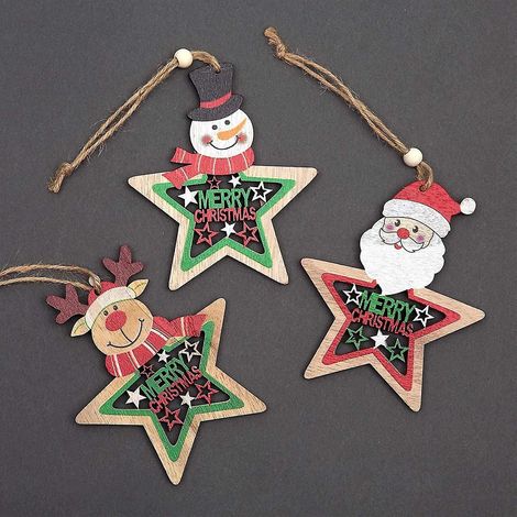 Ensemble de 3 décorations de Noël en bois à suspendre au sapin - Décoration intérieure - Père Noël, renne, bonhomme de neige - 9 cm (1/5)