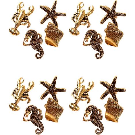 Lot de 16 ronds de serviette de la série marine, coquillages, étoiles de mer et hippocampes, pour chambre d'hôtel haut de gamme. (1/5)