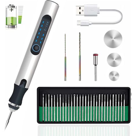 Graveur Électrique Rechargeable - Stylo Graveur Portable 25 W - Vitesse Réglable 5000-25000 Tr/Min - Pour Métal Verre Bois Céramique - Kit Complet 1 Pièce