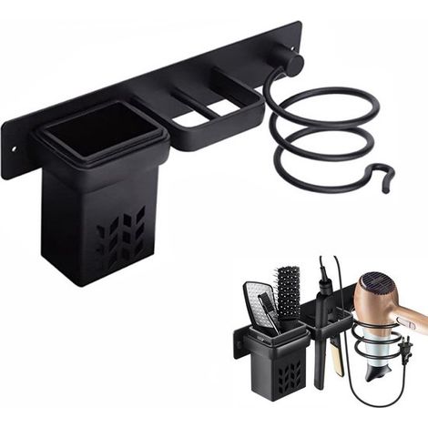 Soporte universal para secador de pelo con bandeja de almacenamiento, soporte de aluminio para secador de pelo y plancha de pelo montado en la pared, incluye herrajes y accesorios de baño, color negro